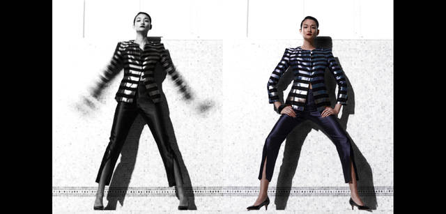 <strong>GIORGIO ARMANI｜ジョルジオ アルマーニ</strong>　まさに白蝶貝のような輝きを放つボーダーのジャケットは、一枚で強い存在感を放つアイテム。パンツは裾に切り込みが入れられており、脚を美しく見せてくれる。ジャケット  参考商品 、パンツ 7万6650円 、ブレスレット  参考商品 、シューズ　6万900円 （すべてジョルジオ アルマーニ）