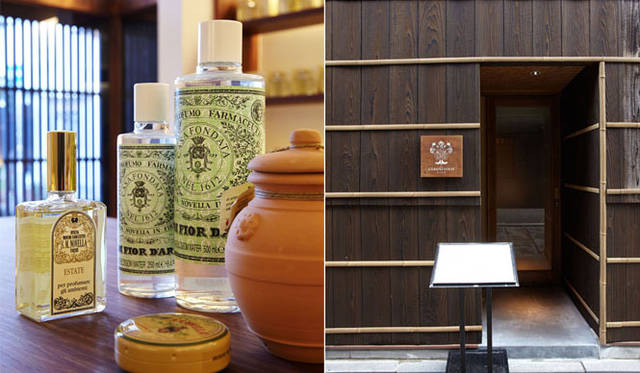 　左／伝統のレシピでつくられる“癒しの芸術品”のプロダクト。右／ジャッジョーロ祇園の入口