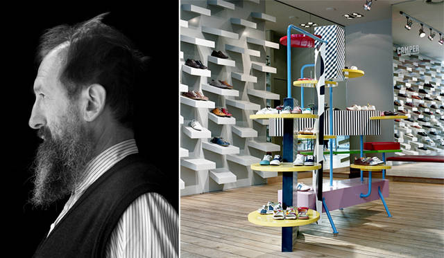 <strong>CAMPER｜カンペール</strong>　左／コピス吉祥寺店をデザインしたメンフィス・グループのミケーレ・デ・ルッキ氏。右／イタリア・ミラノのショップ