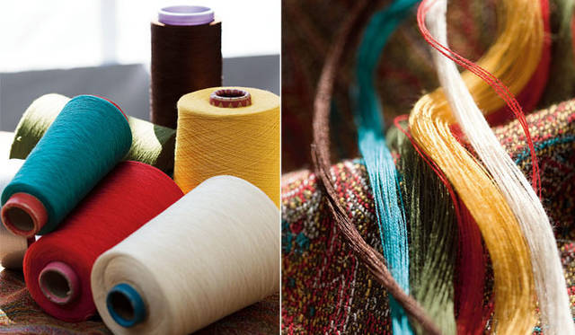 <strong>ETRO｜エトロ</strong>　「エトロのアルニカができるまで」　左／赤、黄色、ターコイズ、オリーブグリーン、アイボリー。この5色の糸がアルニカのテキスタイルとなる。右／5色の糸が織りなす、個性的で奥行きのあるペイズリー柄