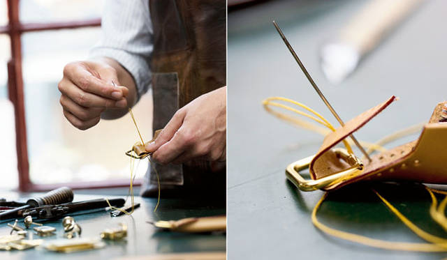 <strong>ETRO｜エトロ</strong>　「エトロのアルニカができるまで」　パーツのステッチ。バッグのハンドルやトリムはすべて最高級のナチュラルレザーからつくられ、手縫いされている