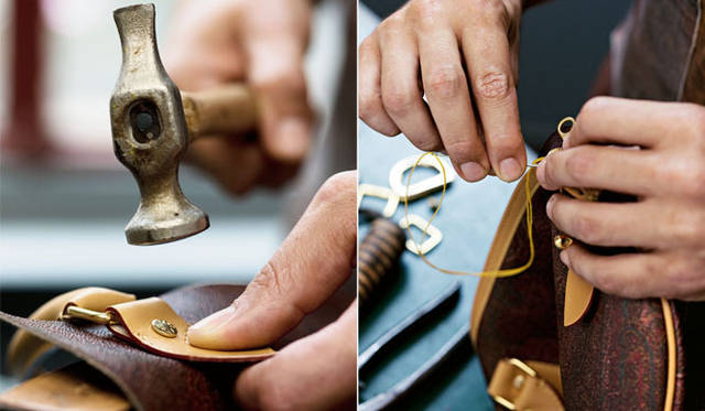 <strong>ETRO｜エトロ</strong>　「エトロのアルニカができるまで」　左／金具を打ち留める。右／最終の縫製。フィニッシング。シーズンごとにさまざまなデザインを発表し、150種類以上のスタイルが揃うアルニカのバッグコレクションは、イタリア職人の技術の集大成といえる