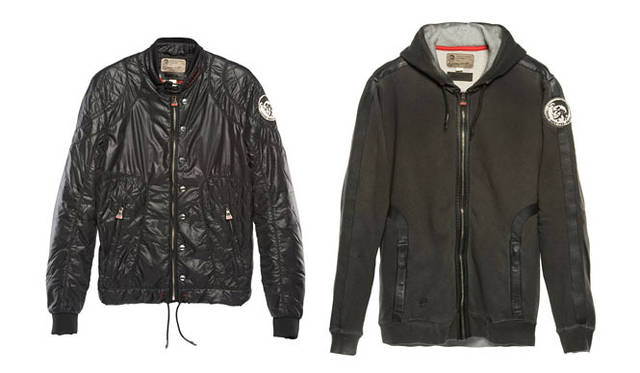<strong>DIESEL｜ディーゼル</strong>　左／ライダース3万5000円（ディーゼル）、右／スウェットパーカ3万1000円（ディーゼル）