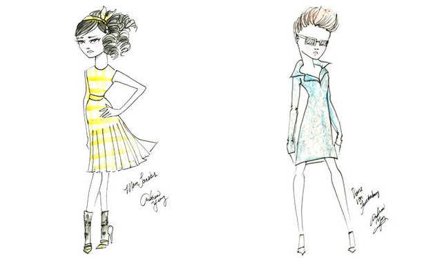 <strong>BARNEYS NEW YORK｜バーニーズ　ニューヨーク</strong>　「アンドリュー・ヤンスペシャルドールオーダーイベント」　インターナショナルブランドドールスケッチ　左／MARC JACOBS、右／DIANE VON FURSTENBURG