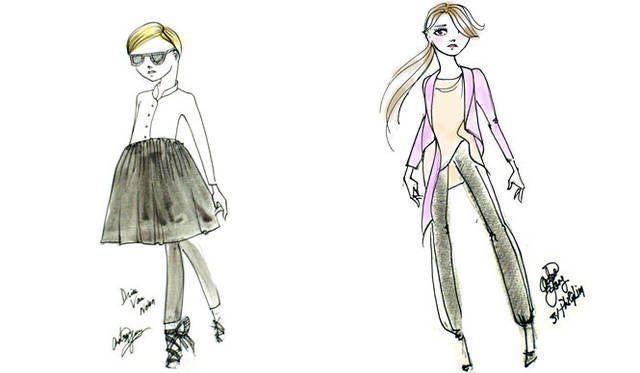 <strong>BARNEYS NEW YORK｜バーニーズ　ニューヨーク</strong>　「アンドリュー・ヤンスペシャルドールオーダーイベント」　インターナショナルブランドドールスケッチ　左／DRIES VAN NOTEN、右／3.1 PHILLIP LIM