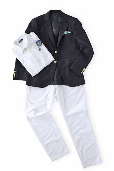 <strong>阪急MEN’S TOKYO｜5月 “ユーロ プレッピー スポーツ”</strong>　ブレザー5万8800円、ポロシャツ1万3650円、ボトムス1万8900円（すべてニューヨーカー バイ ケイタマルヤマ）