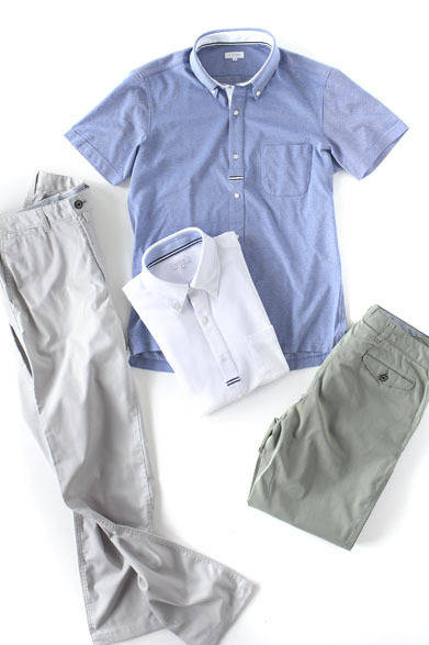 <strong>阪急MEN’S TOKYO｜5月 “ユーロ プレッピー スポーツ”</strong>　オフィスではかぶりタイプのポロシャツはNGという方の要望に答えて開発された“総前立て式”ポロ。ドレスポロ各1万2600円、ボトムス（トロッターチノ、ライトカーキ、ライトグレー）各1万3650円（マッキントッシュ フィロソフィー）