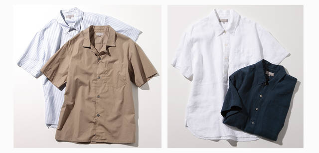 <strong>MARGARET HOWELL｜マーガレット・ハウエル</strong>　左／ストライプシャツ3万450円、シャツ2万7300円（ともにマーガレット・ハウエル）、右／プルオーバーシャツ各2万8350円（マーガレット・ハウエル）