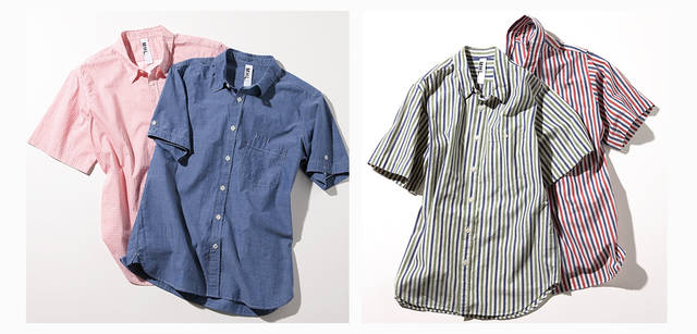 <strong>MARGARET HOWELL｜マーガレット・ハウエル</strong>　左／チェックシャツ1万6800円、シャンブレーシャツ1万2600円（ともにMHL.）、右／ストライプシャツ各1万8900円（MHL.）