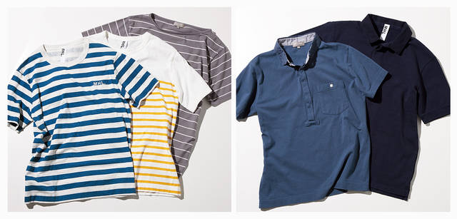 <strong>MARGARET HOWELL｜マーガレット・ハウエル</strong>　左／左からボーダーカットソー5250円、ボーダーカットソー9975円（ともにMHL.）、ボーダーカットソー1万3650円（マーガレット・ハウエル）、右／左からメッシュポロシャツ1万2600円（マーガレット・ハウエル）、ポロシャツ1万2600円（MHL.）