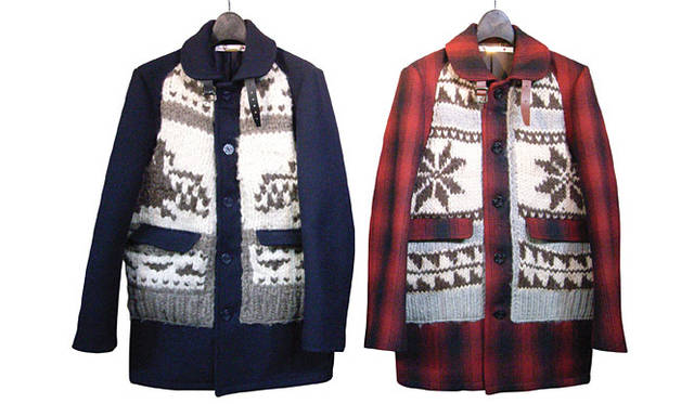 <strong>WORK for PLAY NUMERO UNO｜ワーク フォー プレイ ヌメロ ウーノ</strong>　前身頃に古着のカウチンニットを使用したピーコート。IRREGULAR COWICHAN COAT 各5万9850円