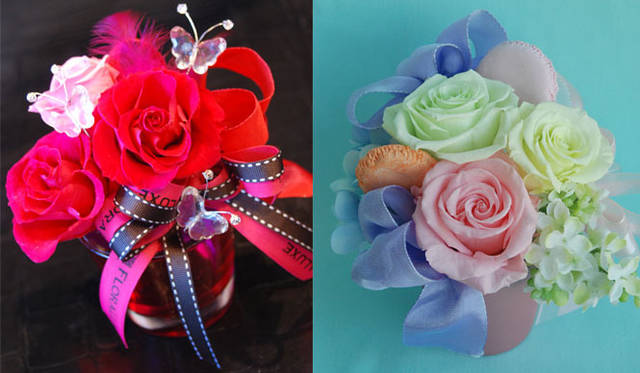 <strong>和気雅美｜FLORALUXE</strong>　母の日2012　左／商品名：West End Ave.（ウエストエンドアヴェニュー）、右／Mott St.（モットストリート）