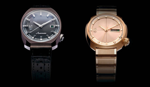 <strong>MARCH LA.B｜マーチ エルエービー</strong> 左／「AM3 38MM MAROON」26万2500円、右／「AM1 37MM ROSE GOLD」14万7000円（ともにユナイテッドアローズ 原宿本店 メンズ館）