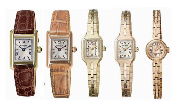 <strong>Shibuya Hikarie ShinQs｜渋谷ヒカリエ シンクス</strong>　3階　ヒロブ　左から、クラシックなスタイリングが好評のCITIZEN“kii”とHIROBのコラボモデル（限定アイテム／ゴールド・ピンク）各2万9400円、HIROBオリジナルライン“SurMesure”のスクエアケースに細身のブレスレットが特徴的なカクテルタイプ（限定アイテム／ゴールド・ピンク）各2万2050円、こちらも“SurMesure”のアンティーク調（限定アイテム／ピンク）2万3100円
