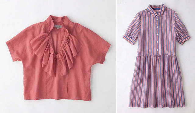 <strong>Shibuya Hikarie ShinQs｜渋谷ヒカリエ シンクス</strong>　4階　マーガレット・ハウエル　渋谷ヒカリエ店　左／前開き部分に大ぶりのラッフルがついたシャツ。ボディはドルマンスリーブで、肩のラインが柔らかく、女性らしいシルエット2万9400円、右／透明感があり、はっきりとしたカラーコンビネーションがとてもフレッシュな、ローウエスト切り替えのドレス5万4600円