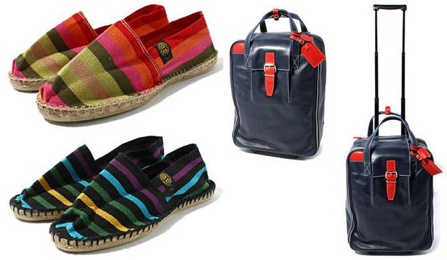 　4階　ビームス ライツ　左／アクセントを効かせたマルチボーダーが目を引く「FRENCH SOULE」のエスパドリーユ。各7350円、右／イタリアのバッグブランド「DELL’GA」にBEAMS LIGHTSが色別注したキャリーバッグ。機内持ち込みが可能なサイズなのもうれしい。8万4000円
