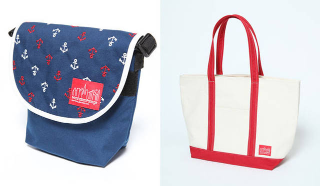 <strong>Shibuya Hikarie ShinQs｜渋谷ヒカリエ シンクス</strong>　4階　マンハッタン ポーテージ　左／アンカーモチーフを刺しゅうした定番の「MP1604」。赤と白のアンカーモチーフは直営店限定。アンカーエンブロイダリー8400円、右／レッドは直営店限定。ダックファブリックトートバッグ（MP1307DUCK）1万1970円