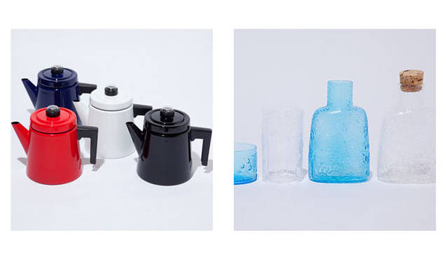 <strong>Shibuya Hikarie ShinQs｜渋谷ヒカリエ シンクス</strong>　5階　エブリデイ バイ コレックス　左／アンティ・ヌルメスニエミのコーヒーポット各3万9900円、右／イッタラのフローラシリーズ デザートボール5565円、グラス5250円、ヌータヤルヴィのファウナシリーズ ボトル各1万6800円