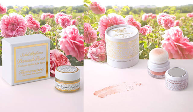 <strong>Shibuya Hikarie ShinQs｜渋谷ヒカリエ シンクス</strong>　1階　テラクオーレ　左／「ミネラルカラーチーク2012（ローズペタルピンク）」3990円（2.3g）、右／テラクオーレ「ダマスクローズ 練り香水」3675円（4mL）