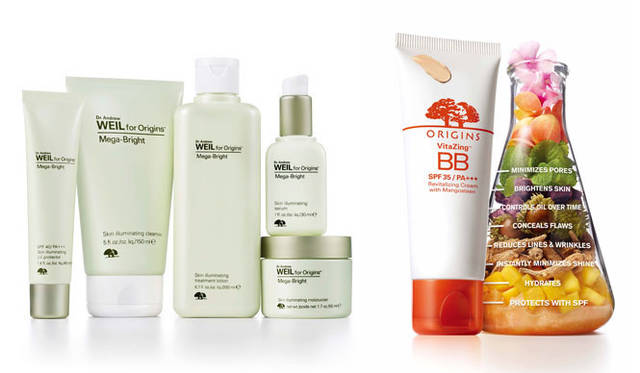<strong>Shibuya Hikarie ShinQs｜渋谷ヒカリエ シンクス</strong>　1階　オリジンズ　左／植物の栄養で肌とこころに輝きをもたらすブライトニングコレクション (クレンザー・化粧水・美容液・モイスチャライザー・プロテクターの全5種)、「アンドルー・ワイル フォー オリジンズ ブライト」、右／オリジンズのラボ「緑の研究所（Nature’s Laboratory）」から1本で8つの効果を備えるBB クリーム「ビタジン BB クリーム」が登場。4725円（50mL）