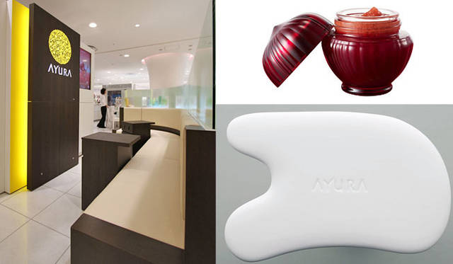 <strong>Shibuya Hikarie ShinQs｜渋谷ヒカリエ シンクス</strong>　地下1階　アユーラ　右上／ほうれい線にアプローチする紅粒がたっぷり入ったマッサージ美容液「センシエンス レッドフォースセラム」1万2600円（55g）、右下／陶磁器製で、心地よいなめらかな肌あたりと優れた操作性で、誰でも簡単に本格的なマッサージが楽しめる「ビカッサプレート」2100円