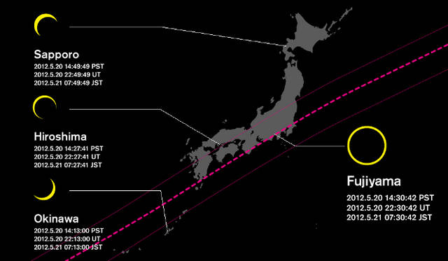 <strong>金環日食</strong>　当日、部分日食および金環日食が見られる場所、時間を記した地図