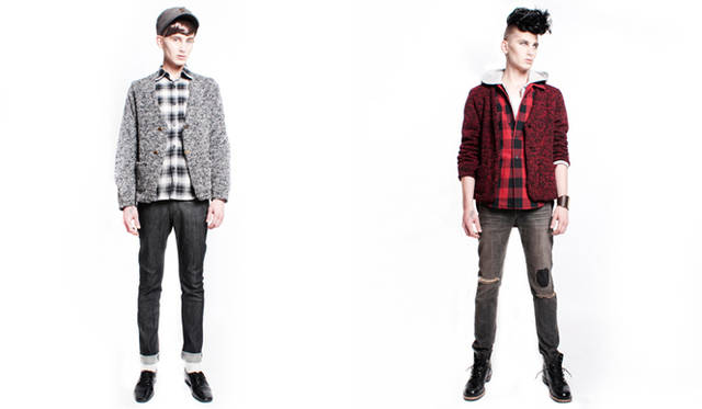 <strong>HOWL｜ハウル</strong>　2012-13年秋冬コレクション　同シルエットのカーディガンだが、止め具が異なり、「PUNK」の着用カーディガンはチェック生地のライナーが長く設定されていてレイヤードしているかのようなバックスタイル。ジップパーカもシャツとレイヤードされているデザインで、1枚でも個性的なアイテム同士をさらにレイヤードしている。<br>左／「NARD」カーディガン2万9400円、シャツ3万4650円、デニム1万9950円、キャップ8190円、右／「PUNK」ミックスカーディガン4万4100円、シャツ付きジップパーカー3万9900円、デニム2万9400円、バングル1万2600円