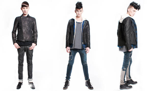 <strong>HOWL｜ハウル</strong>　2012-13年秋冬コレクション　一枚革のライダースジャケットをメインにスタイリング。ハードなアイテムだが、ジップの開閉でも個性があらわれる。「PUNK」ではボーダーシャツ×チェックシャツ×スウェットパーカのレイヤード、デニムもスウェット切り替えのデザイン性の高いものをセレクト。<br>左／「NARD」レザーライダースジャケット8万8200円、デニム1万9950円、右／「PUNK」スタッズ付きレザーライダースジャケット12万6000円、シャツ付きジップパーカー3万9900円、ボーダービッグTシャツ1万6800円、デニム3万1500円