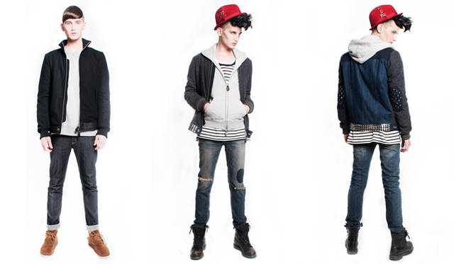 <strong>HOWL｜ハウル</strong>　2012-13年秋冬コレクション　ライダースとMA-1をミックスさせたようなデザインのブルゾンをメインにスタイリング。素材もデニムの切り替えがあり、シンプルながら個性的なアイテム。「PUNK」では、スタッズが装飾されたMA-1にボーダーのインナー、フードをレイヤードし、デニムもダメージのものをセレクト。ブルゾン×スウェットも、ジップのフーディーをセレクトすることによりまったく異なる印象になる。<br>左／「NARD」ライダースMA-1 4万8300円、スウェット2万7300円、デニム1万9950円、右／「PUNK」スタッズ付きライダースMA-1 7万5600円、ジップパーカー2万4150円、ボーダービッグTシャツ1万6800円、デニム2万9400円、ハット2万3100円