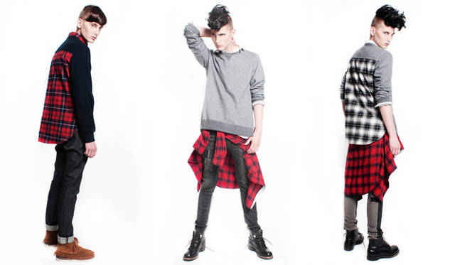 <strong>HOWL｜ハウル</strong>　2012-13年秋冬コレクション　バックがチェックシャツの切り替えになっているスウェットをメインにスタイリング。「NARD」ではインナーに同柄チェックのシャツを合わせ、ノンウォッシュデニムはロールアップ。「PUNK」ではスタッズ付きのチェックシャツにさらに腰にチェックシャツを巻く。スウェット切り替えのデニムも印象的。<br>左／「NARD」スウェット2万7300円、チェックシャツ2万8350円、デニム1万9950円、右／「PUNK」スタッズ付きスウェット3万4650円、腰に巻いたチェックシャツ2万8350円、デニム3万1500円