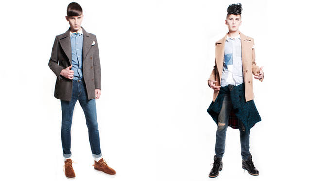 <strong>HOWL｜ハウル</strong>　2012-13年秋冬コレクション　着丈が長めでシルエットのキレイなPコートをメインにスタイリング。スタッズ付きのPコートにデザイン性の高いシャツ、腰にはカーディガンを巻き、パンキッシュなスタイリング。プラスワンアイテムで個性がしっかりあらわれる。<br>左／「NARD」Pコート5万400円、シャツ2万7300円、デニム2万3100円、右／「PUNK」スタッズ付きPコート7万1400円、シャツ2万7300円、デニム2万9400円、腰に巻いたカーディガン4万4100円