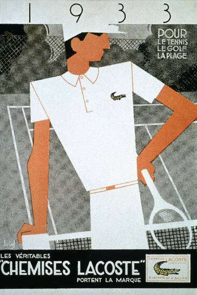 <strong>LACOSTE｜ラコステ</strong>　1933年当時の広告。「テニスに、ゴルフに、ビーチに」とのキャッチがある