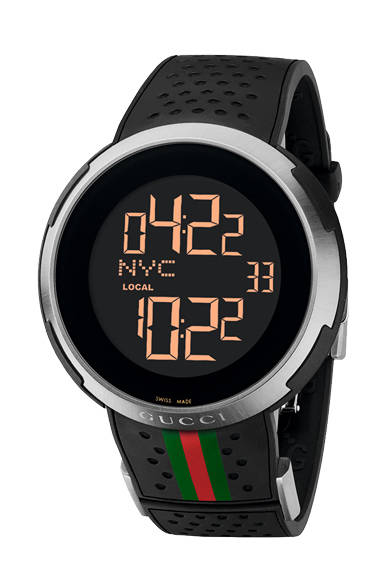 昨年ブランド創設90周年を迎えたグッチ。今年はさらに、ウォッチマーケットに参入してから40周年にあたる。バンブーなど、ほかのブランドにはないマテリアルを用いて革新的なデザインに仕上げるなど、ブランド特有のモダニティとクラフツマンシップを、大いに活かした新作が多く登場した。まず紹介するのは、「I-GUCCI SPORT」。エッジの効いたデザインにくわえ、クロノグラフ、デュアルクロノグラフ、カウントダウン タイマー、タキメーター、歩数計、セーリングといった、6つの新機能が搭載された。<br /><br /><strong>I-グッチ スポーツ</strong><br />18万4800円<br />自動巻き、直径49mm<br /><br />ラグジュアリー・タイムピーシズ ジャパン<br />Tel. 03-5766-2030