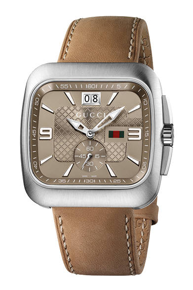 「グッチ クーペ」は、その名が示すとおり、スポーツカーの世界を意識したコレクション。とくにレーシングカーのインテリアや計器の大型の数字、旧式のスピードメーターの雰囲気などからインスパイアされたディテールが特長だ。<br /><br /><strong>グッチ クーペ</strong><br />11万5500円<br />クォーツ、40mm、SS<br />2012年7月発売予定<br /><br />ラグジュアリー・タイムピーシズ ジャパン<br />Tel. 03-5766-2030