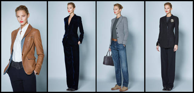 <strong>GIORGIO ARMANI｜ジョルジオ アルマーニ</strong><br />左／レザージャケット 40万9500円、シャツ 8万7150円、パンツ 参考商品　　左から2番目／ベルベットのジャケット 28万3500円、パンツ 参考商品　　右から2番目／チェックのジャケット 27万3000円、ニット 6万900円、デニムパンツ 13万6500円　　右／ジャケット 46万2000円、Tシャツ パンツ ブローチは参考商品（すべてジョルジオ アルマーニ／ジョルジオ アルマーニ ジャパン）