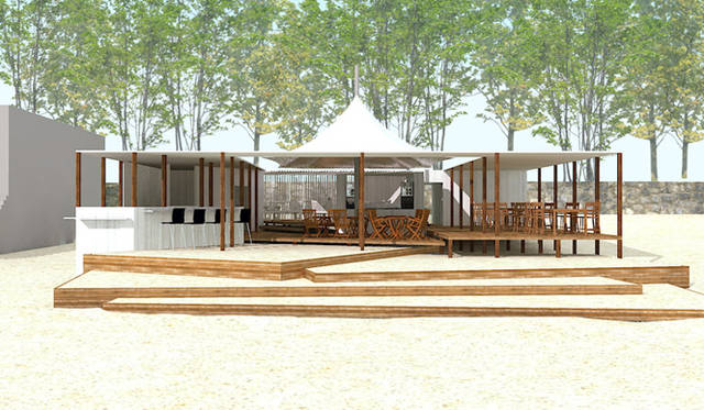 <strong>カフェ ド ロペ ラ メール｜Café de Ropé La mer</strong>　一色海岸のシンボルとなる真っ白な外観をそのままに、さまざまな空間をつくりだしている。