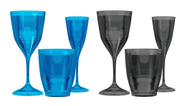 <strong>italesse｜イタレッセ</strong>　FRESNEL （フレスネル ※AS樹脂（＝SANS）製のグラスシリーズ） ワイン 310cc 1260円、フルート170cc 1050円、タンブラー340cc 945円