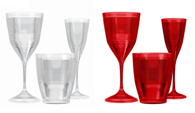 <strong>italesse｜イタレッセ</strong>　FRESNEL （フレスネル ※AS樹脂（＝SANS）製のグラスシリーズ） ワイン 310cc 1260円、フルート170cc 1050円、タンブラー340cc 945円