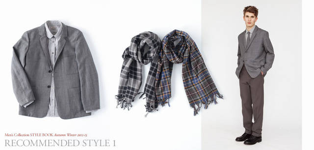 　2012-13秋冬コレクション　モデル／ジャケット6万6150円、シャツ2万7300円、ネクタイ7350円、トラウザーズ2万7300円、ブーツ8万2950円（すべてマーガレット・ハウエル）　左／前身が長く、後身が少し短いボクシーシルエットのシャツブレザーは、テーラードファブリックを使った秋のマストアイテム。グレートーンならアンタイドでもノーブルな印象がつくりだせる。ジャケット6万6150円、シャツ2万7300円（ともにマーガレット・ハウエル）　中／英国のテキスタイルデザイナーにスペシャルオーダーしたスカーフ。トーンオントーンの色構成が新鮮。スカーフ各3万450円（マーガレット・ハウエル）