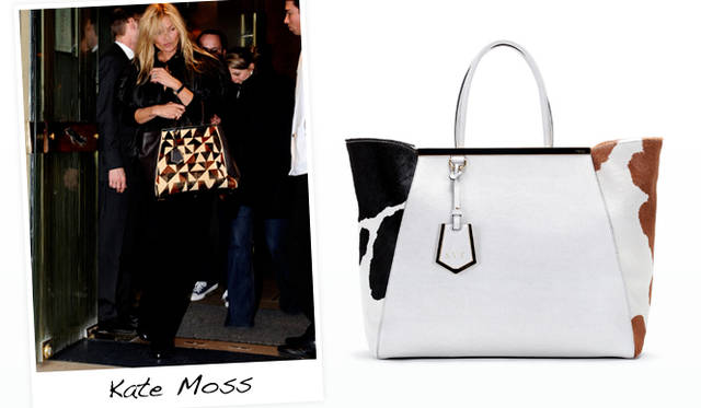 <strong>FENDI｜フェンディ</strong>　左から、モデル Kate Moss（ケイト・モス）×バッグ（シルク刺繍）[W38×H33×D16.5cm] 36万1200円、バッグ（カーフ×ヘアカーフ）[W38×H33×D16.5cm] 29万6100円