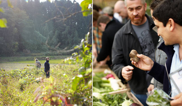 <strong>COOK IT RAW｜クック・イット・ロゥ</strong>　マグナス氏とレネ氏は、さっそく野原を探索。地元の方がたの協力で石川県産の食材が一堂に集められた