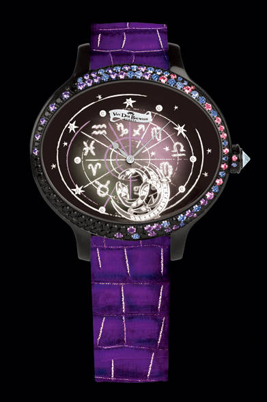ジュネーブに本社を置くヴァン デル ボーヴェデ。プレシャスストーンをふんだんに使った個性的なジュエリーウォッチを得意とするが、今年は星座をかたどったロマンティックなモデル「アストロディアム」が到着した。オーバル型ケースを彩るカラーサファイヤや、ダイヤル上を星座チャームが動いていくようすは、まるで宇宙のよう。チャームは全12型、ケースは大小ふたつのサイズ展開。自分の星座を選べるのがうれしい。<br /><br /><strong>アストロディアム</strong><br />94万5000円<br />自動巻き、ケースサイズ 45×51mm、SS×カラーサファイヤ×MOP×ダイヤモンド<br />2012年9月発売予定<br /><br />ロング スロウ ディスタンス<br />Tel. 03-6447-1311