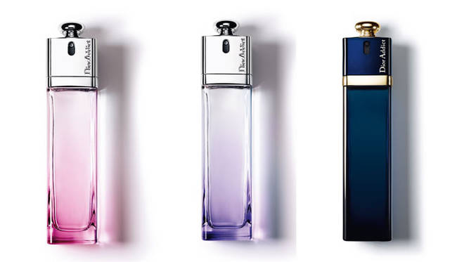 <strong>Dior｜ディオール</strong>　左／ディオール アディクト オー フレッシュ 5250円（20mL） 8925円（50mL）、中／ディオール アディクト オー センシュアル 5250円（20mL） 8925円（50mL） 、右／ディオール アディクト オードゥ パルファン 5775円（20mL）