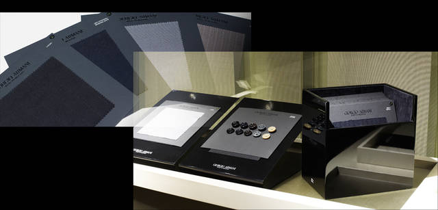 <strong>GIORGIO ARMANI｜ジョルジオ アルマーニ</strong><br />生地を選ぶにしても、約200種類ものなかからセレクトすることが可能。なかには、「ビクーニャ」と呼ばれる動物からとれる高級生地や、ダイヤモンドが織り込まれた生地も