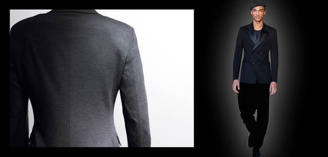 <strong>GIORGIO ARMANI｜ジョルジオ アルマーニ</strong><br />ジョルジオ アルマーニの2012-13年秋冬レディトゥウエアから。このジャケットの型は「HARVARD」と呼ばれるアルマーニのなかでも新規の型。バックスタイルから見るとよくわかるが、シェイプのはじまる位置がワキのすぐ下からと、ほかのブランドと比べるとかなり上。左／ジャケット 23万1000円（ジョルジオ アルマーニ／ジョルジオ アルマーニ ジャパン）