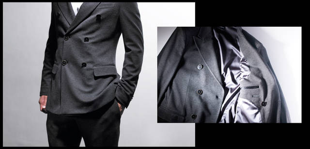 <strong>GIORGIO ARMANI｜ジョルジオ アルマーニ</strong><br />前裾がスクエアカットになっているも「HARVARD」ならでは。また裏地にもこだわりがあり、上質な素材が厳選されている。ジャケット 23万1000円、シャツ 8万1900円、トラウザーズ 9万300円（すべてジョルジオ アルマーニ／ジョルジオ アルマーニ ジャパン）