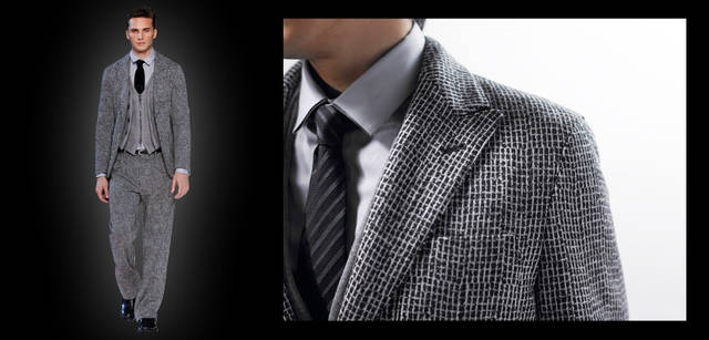 <strong>GIORGIO ARMANI｜ジョルジオ アルマーニ</strong><br />こちらもジョルジオ アルマーニのジャケットの重要な型である「UPTONE」。少し丸みを帯びたショルダーや、1930年代を彷彿とさせるピークドラペルが新鮮。右／ジャケット 21万円、シャツ 5万5650円、ネクタイ 2万1000円（すべてジョルジオ アルマーニ／ジョルジオ アルマーニ ジャパン）