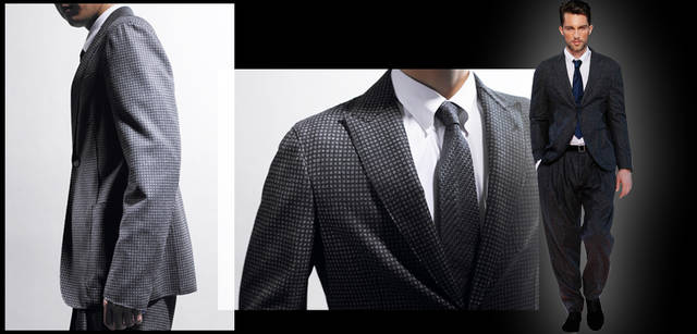 <strong>GIORGIO ARMANI｜ジョルジオ アルマーニ</strong><br />「UPTONE」より。サイドから見ると、少し前下がりのラインを描いている。袖口の径は小さめだが、人間の身体の構造を知り尽くしたうえで作られているので、逆に動きやすい。ジャケット 22万500円、シャツ 5万400円、ネクタイ 2万1000円（すべてジョルジオ アルマーニ／ジョルジオ アルマーニ ジャパン）