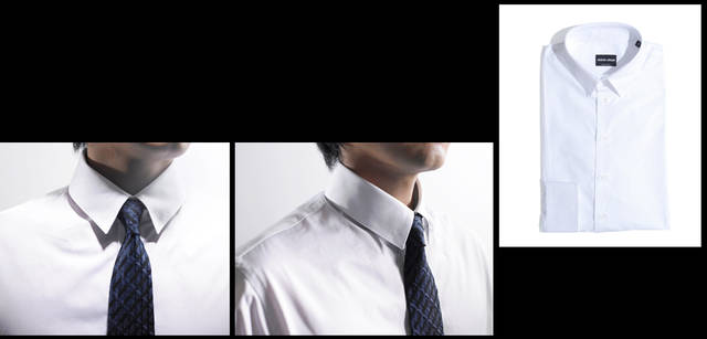 <strong>GIORGIO ARMANI｜ジョルジオ アルマーニ</strong><br />シャツにかんしては、その襟の高さがポイント。ジャケットのラペルにインパクトがあるので、なかに合わせるシャツはコンパクトに。軽やかなイメージだ。シャツ 3万6750円、ネクタイ 2万1000円（ともにジョルジオ アルマーニ／ジョルジオ アルマーニ ジャパン）