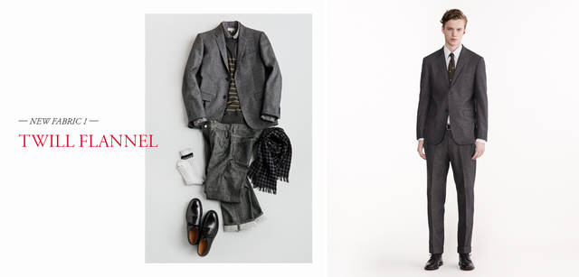 　2012-13秋冬コレクション　左／ジャケット9万1350円、ニット3万9900円、シャツ2万7300円、デニム2万4150円、ストール1万9950円、ソックス2625円、シューズ4万5150円（すべてマーガレット・ハウエル）、モデル／ジャケット9万1350円、シャツ3万450円、トラウザーズ4万5150円、タイ1万3650円、ベルト1万6800円、シューズ8万2950円（すべてマーガレット・ハウエル）